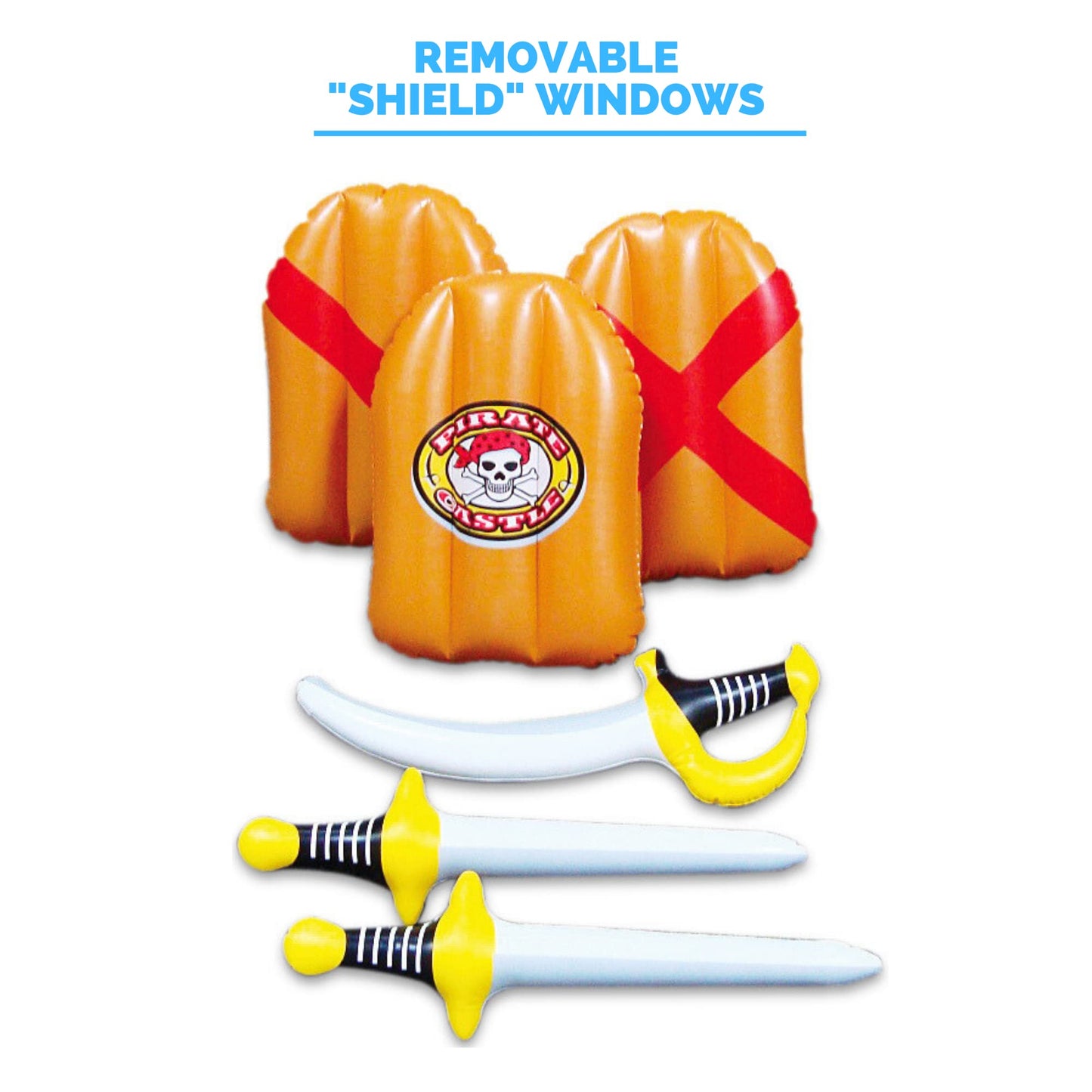 Swimline Giant Inflatable Pirate Castle Pool Float For Kids And Adults Size| Floating Kingdom Raft Lounger Combo With Gate Shield Windows & Accessories For Pools Lakes Beach | Fits Up To 4 People