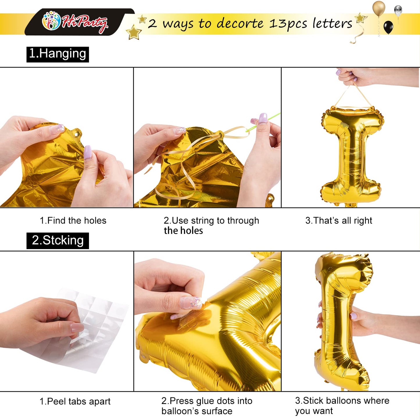 23Pcs Birthday Balloons Banner, 3D Gold Premium Mylar Foil Ecofriendly Letter Happy Birthday Banner With 5Pcs Star Balloons Kits