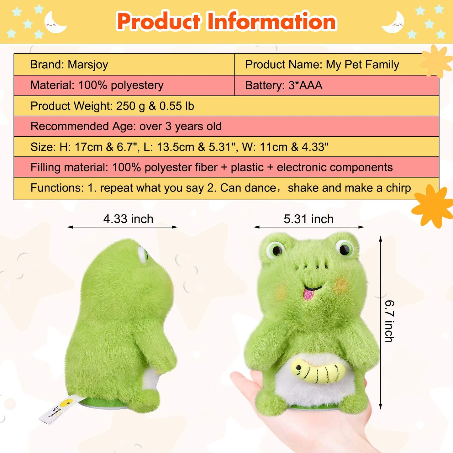Marsjoy Frog Speaking Plush Stuffed Animal Interactive Talking Pet Toy Repeat What You Say Repeating Frog Electronic Pet, Dancin