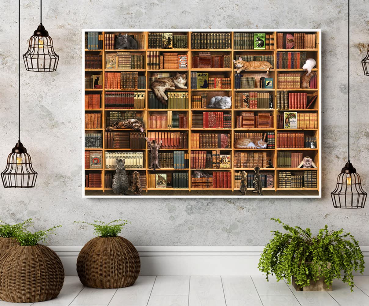 Puzzles For Adults 1000 Pieces And Up, Cats Library Jigsaw Puzzle, Funny Kitten Bookshelf Puzzles, Animal Pet Lover Challenging Puzzles For Friends Family Activity Game Nights Gifts