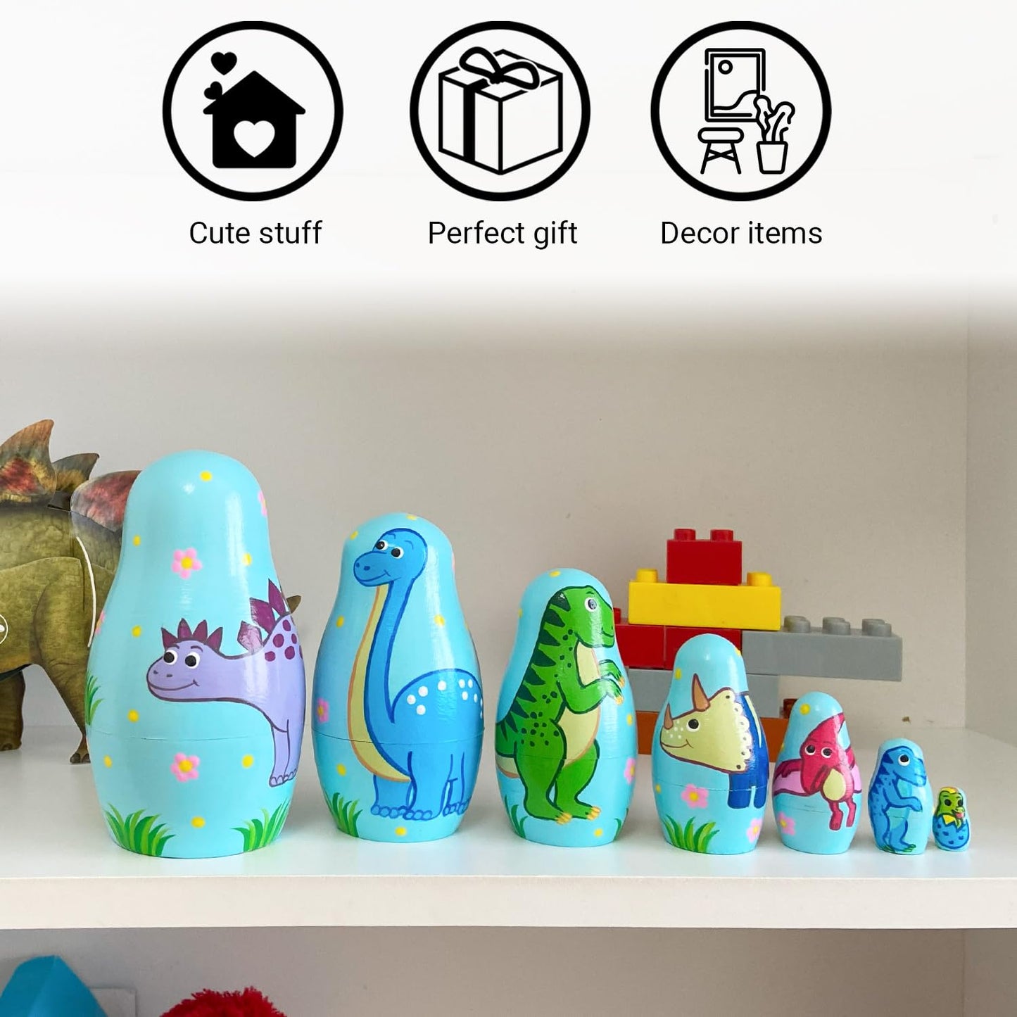 Aevvv Dinosaur Nesting Dolls Set 7 Pcs - Dinosaur Decor – Matryoshka Dolls With Dinosaur Decorations