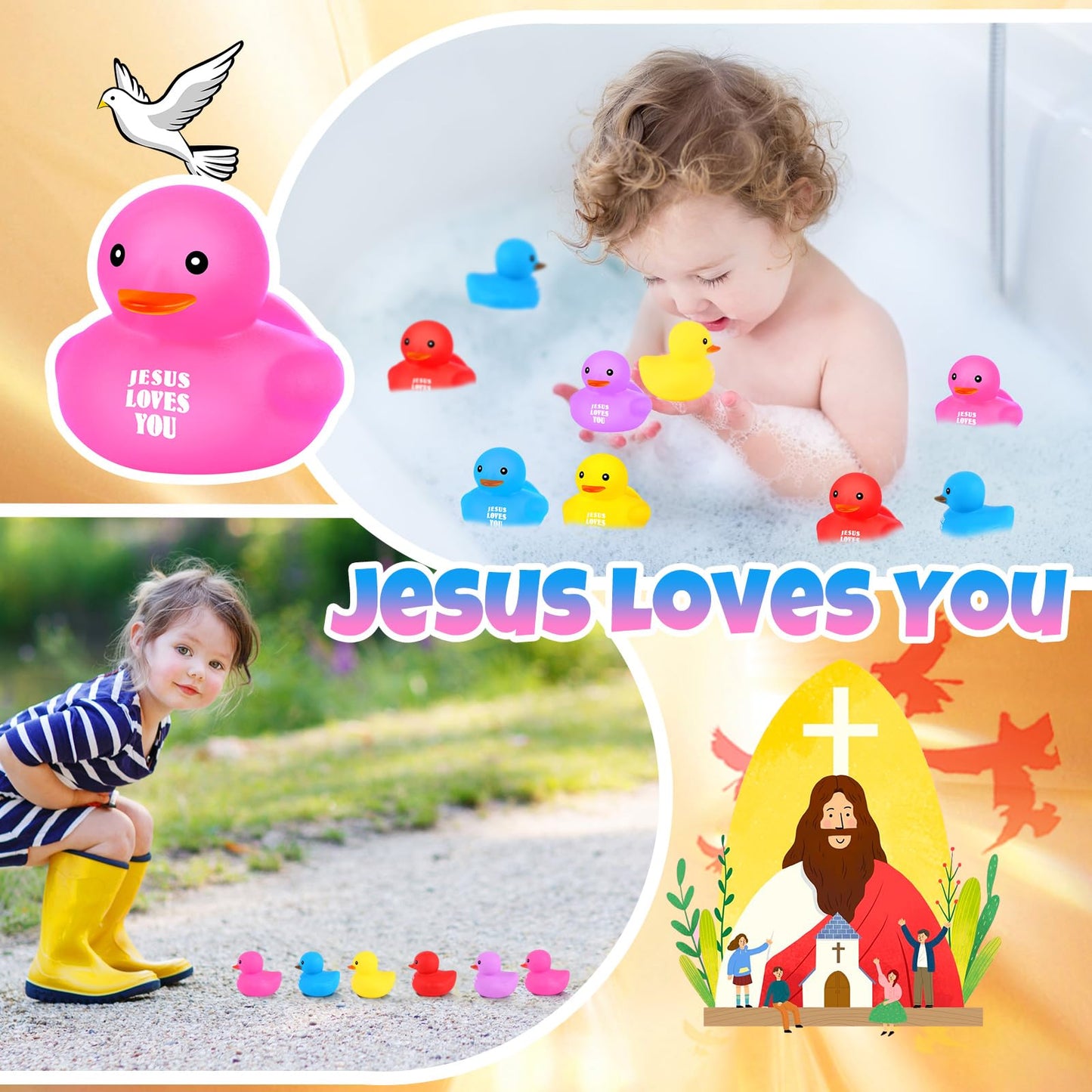 Deekin 60 Pcs Jesus Loves You Rubber Ducks Bulk Multicolor Easter Rubber Ducks Baby Bath Toys For Baby Shower Pool Birthday Gifts Party Favors Church Religious Reward (2.2 Inch)