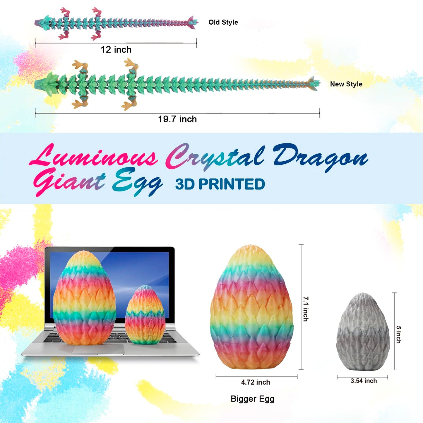 3D Printed Dragon Egg With Dragoln Inside,Surprise Dragon Egg Toy,19'' Full Articulated Crystal 3D Dragonls(Giant Luminous Rainb