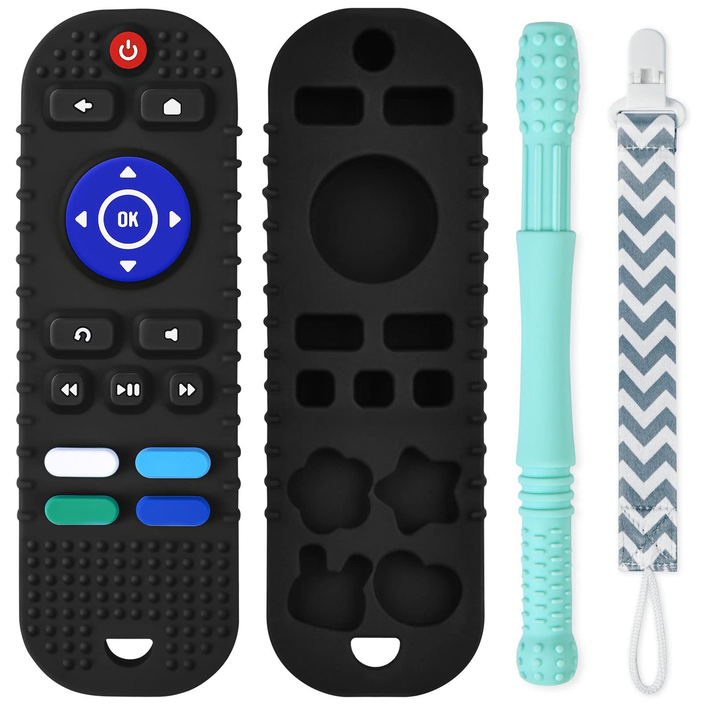 Baby Teether Toys Silicone, Remote Control Shape Teething Toys With Hollow Teether Tube And Pacifier Clip, Silicone Baby Teething Toys For 3 Months+, Bpa Free Baby Teething Toys (Black)