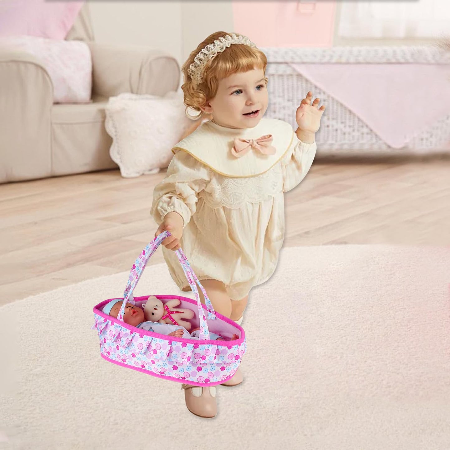 Young Buds Baby Doll Cradle Bassinet Portable Doll Carrier Carry Bag Doll Bed,Doll Accessories Playset,with Doll Clothes Soft Pi