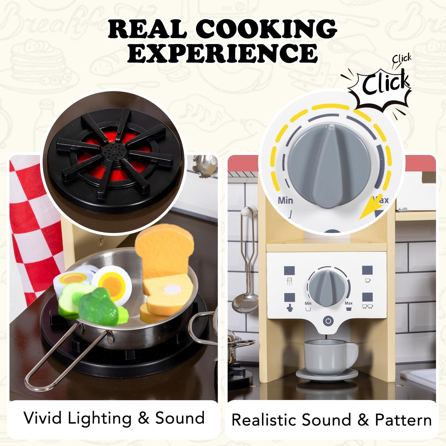 BRINJOY Kitchen Playset for Kids, Wooden Toddler Play Kitchen w/Faucet, Sink, Microwave, Oven, Apron, Cabinets, Children Pretend