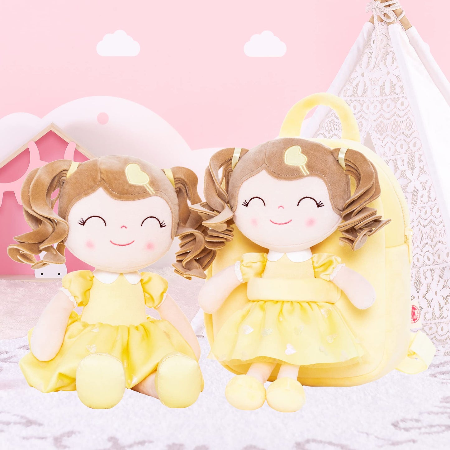 Gloveleya Toddler Backpack Baby Girl Gift Plush Bag Diaper Bag With Spring Girl Doll Curly Hair Girl Toys With Love Yellow 9 Inches