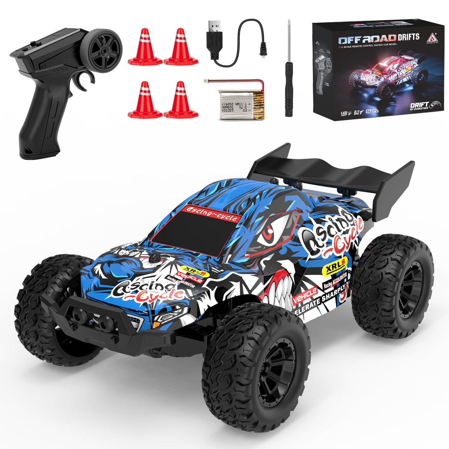 1:32 High Speed 25 KM/H(Peak) Monster Remote Control Car with LED Lights, Speed/Steering Adjustable Drift rc Car with Rechargeab