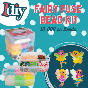 10,000pc Fuse Bead Fairy Kit w Carrier CASE-25 Colors, 12 Unique Templates, 4 Peg Boards, Tweezers, Ironing Paper- Bulk Art Craf