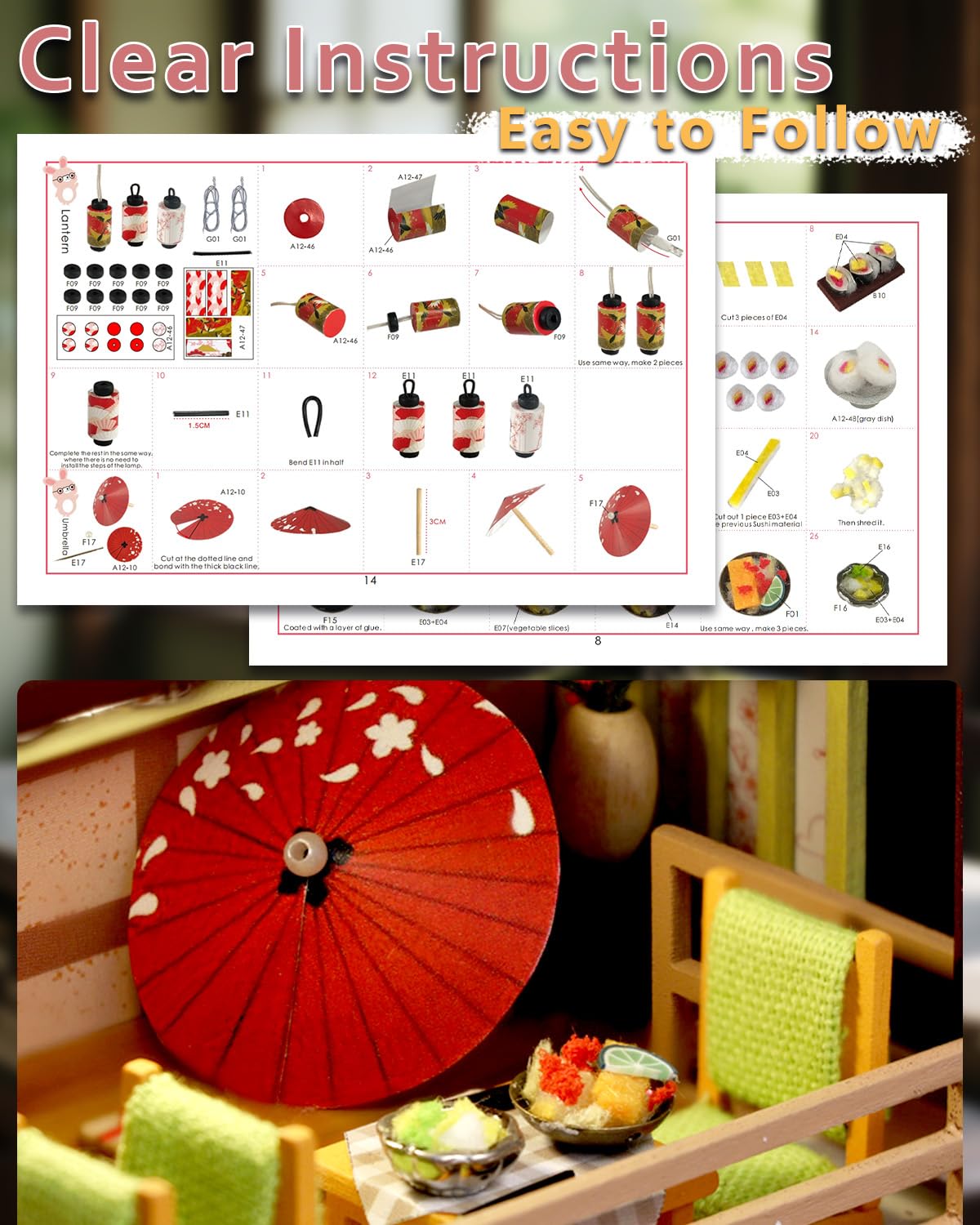 OurMiao Miniature House Kit - Gibbon Sushi DIY Wooden Dollhouse for mature-themeds with LED & Furniture Tiny House Craft Gift for Teens Families Friends