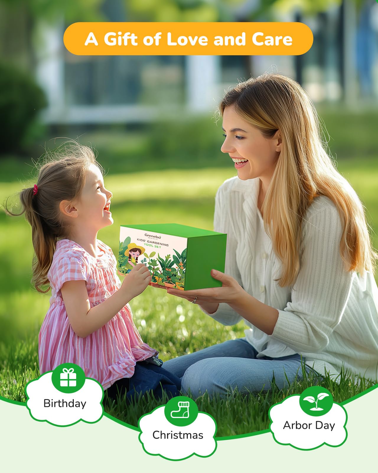 Grenebo Kids Gardening Set Toys,Includes Metal Trowel,Transplanting Shovel,Garden Hat,Rake,Apron,Gloves,Watering Can,And Tool Or