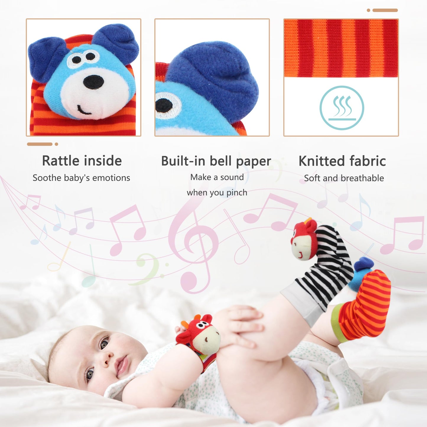 Wrist Rattle Foot Finder Sock For 0-36Months Baby Boys And Girls, Newborn Baby Soft Hand & Feet Rattle 0-3 Years, Arm Leg Babies Development Toys For Infant Bebe (Cow-4 Pcs)