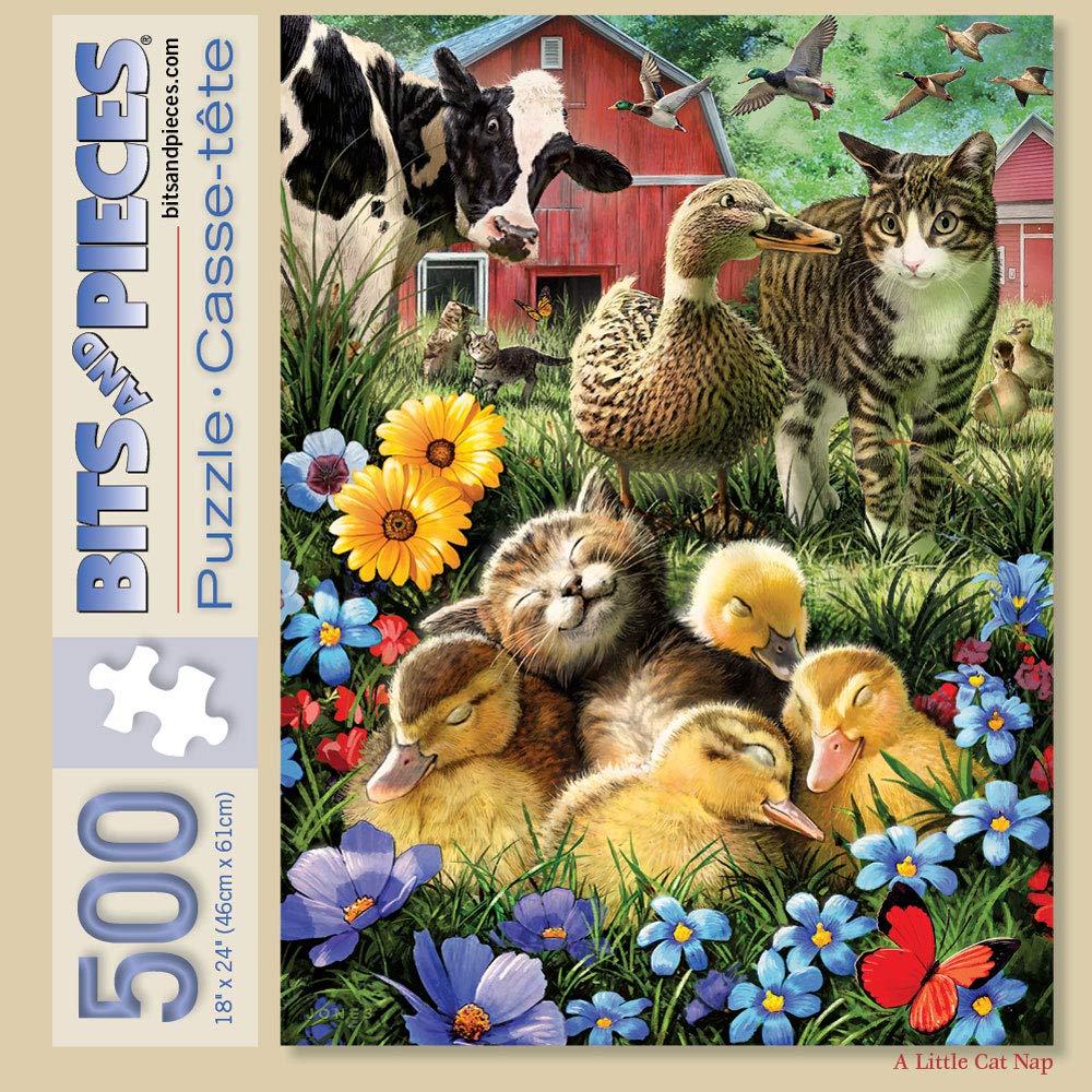 Bits And Pieces – Value Set Of Two 500 Piece Jigsaw Puzzles For Adults – Cat Nap, Puppy Swimming Jigsaw Puzzles By Artist Larry Jones, Completed Puzzle Size: 18' X 24'