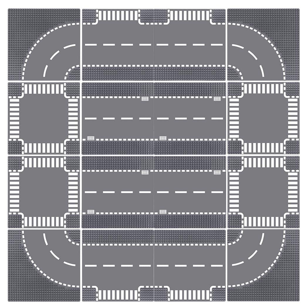 Lekebaby 16 Pack Road Base Plates, 10'X10' City Street Baseplates 100% Compatible With All Major Brands, 4 Curve / 4 T-Junction / 4 Straight / 4 Junction
