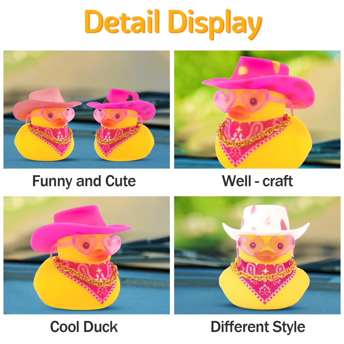 wonuu Car Dashboard Decorations Pink Cowboy Hat Rubber Ducks, Rubber Ducky for Car Ornament Cute Duck with Hat, Glasses, Necklac