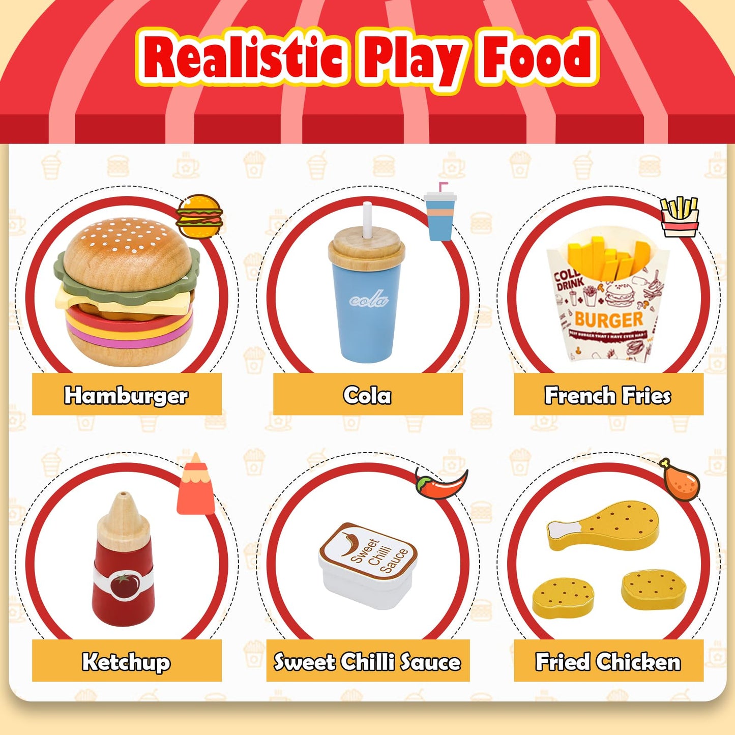 Jugueteland Wooden Play Fast Food Set Play Kitchen Accessories, Pretend Play Food Hamburger French Fries Toy, Restaurant Play Se