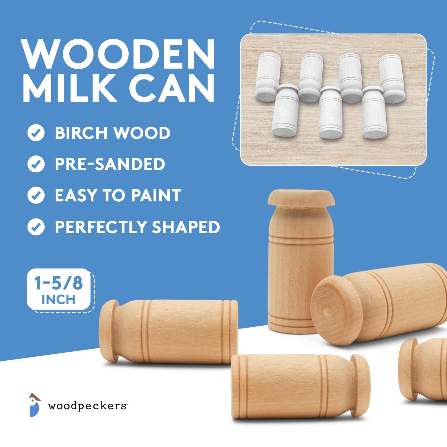 Wooden Milk Can, 1-5/8 inch, Pack of 10, Small Unfinished Cargo Drums, Perfect for Miniatures, Scale Models, Mini Train Making o
