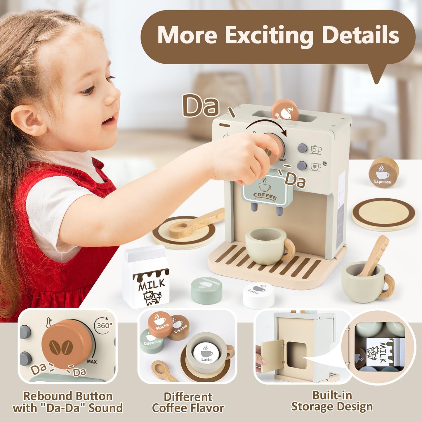 Airlab Toy Coffee Maker for Kids Wooden Kitchen Accessories Pretend Play Toddler Coffee Playset for Girls Boys Ages 3 4 5 Years