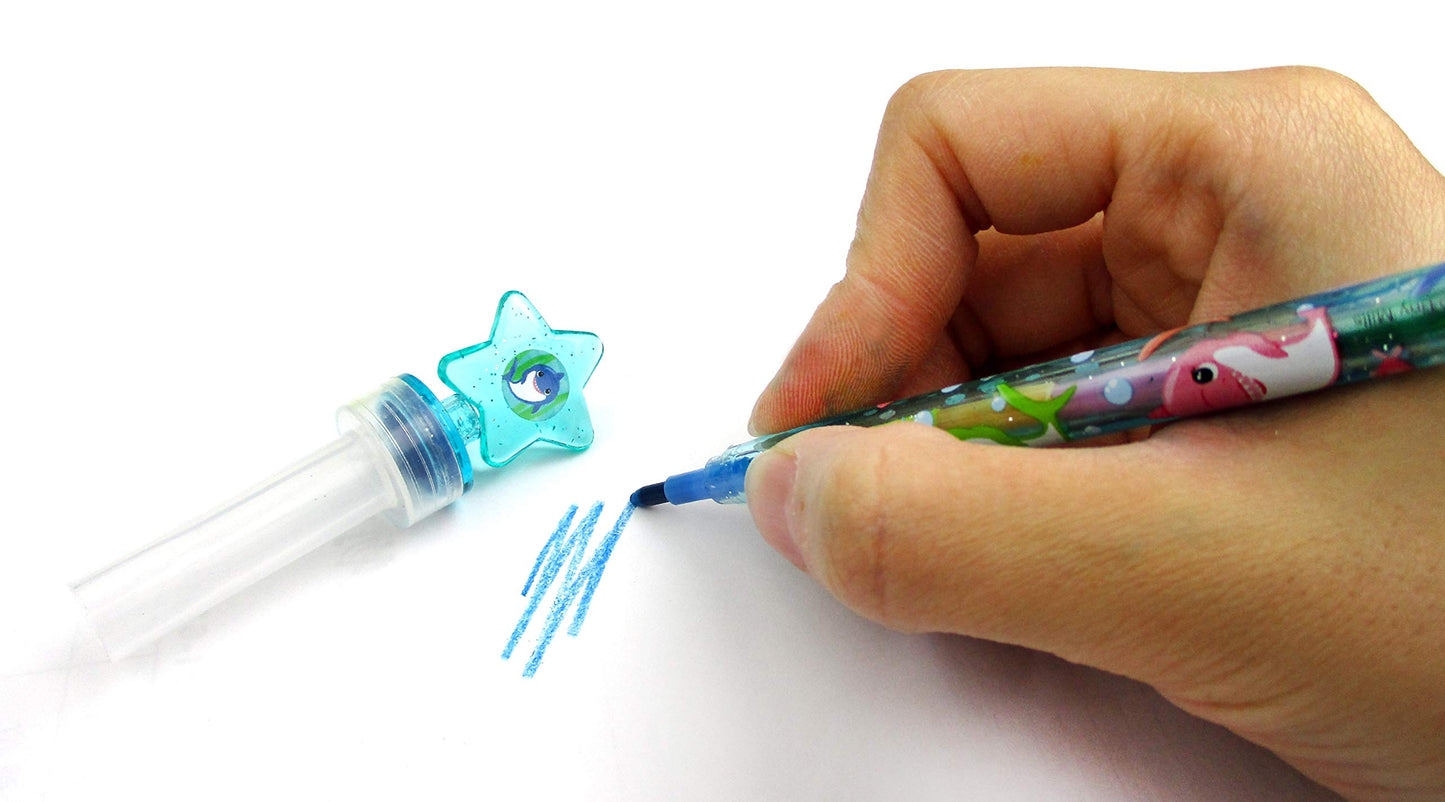 TINYMILLS 24 Pcs Shark Family 2 in 1 Stackable Stacking Crayon with Extra Stamper Topper, Kids Party Favors, Goodie Bag Stuffers
