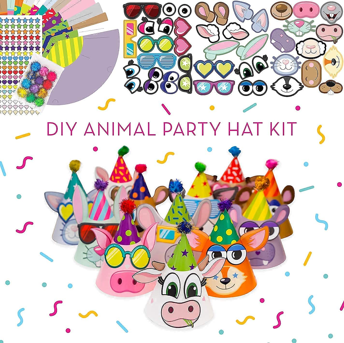 DIY Kids Party Hats & Games Kit - 12 Hats, Toddler & Kids Activities, Craft Kit for Birthday Parties