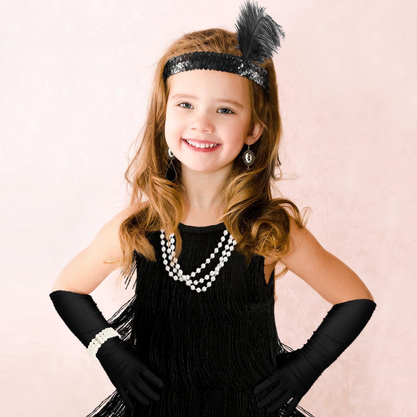 Xaatren 6 Pcs Girls 20'S Flapper Dresses Costume Set For Kids Aged 4-12 Fringed 1920'S Costume Accessories Halloween Costumes(Sm