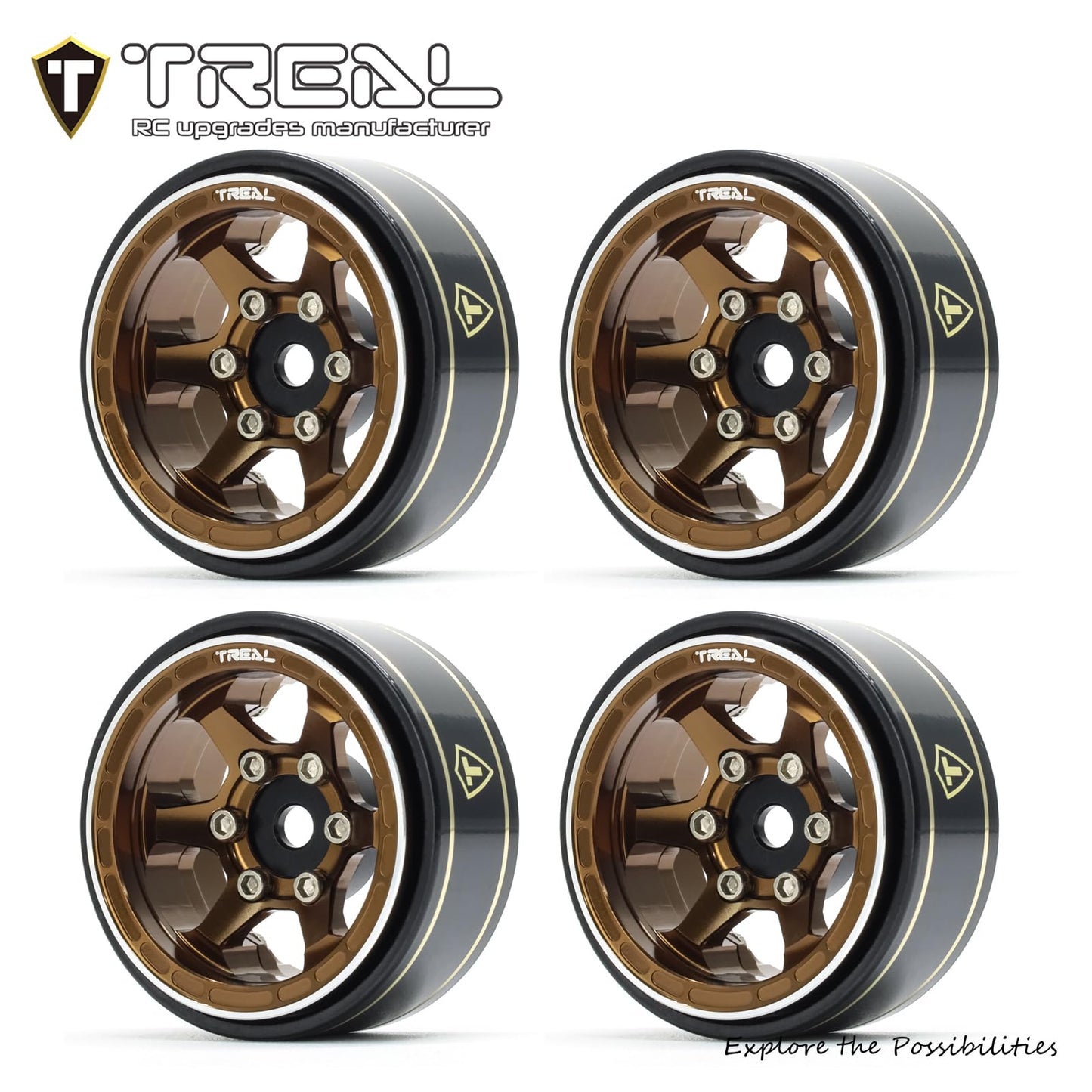 TREAL SCX24 Wheels 1.0 Beadlock Wheels (4P) Scale-Look Concave Six Spoke Rim Crawler Wheels for Axial SCX24 -Type D (Bronze)