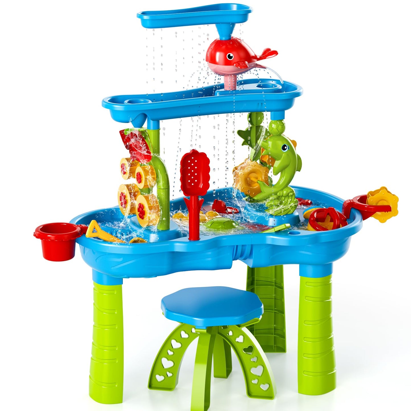 TEMI Kids Sand Water Table , 3-Tier Sand Table and Rain Showers Splash Pond Water Table Toys, Activity Sensory Play Table Beach