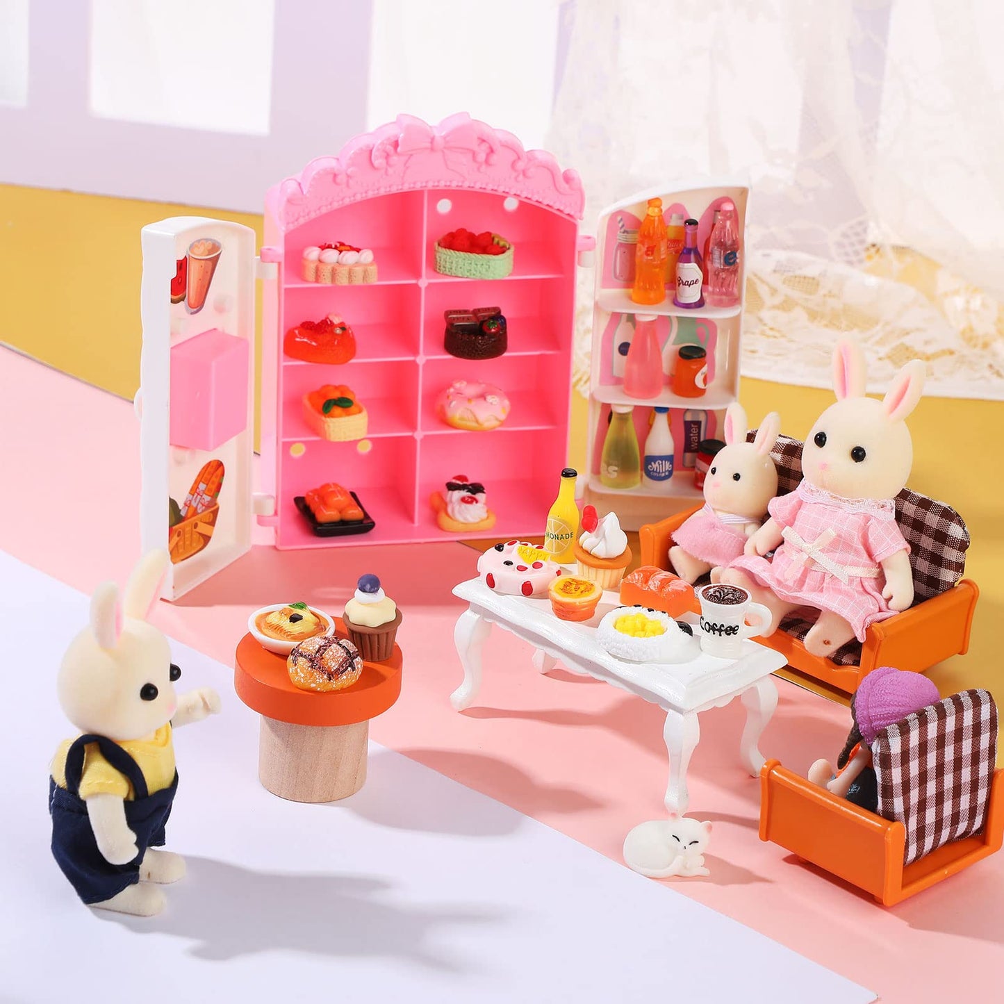 27 Pieces Dollhouse Refrigerator Mini Fridge Toy With Mini Food Set Dollhouse Kitchen Furniture Food Toys Miniatures Kitchen Decorations Bottles Fruit Dessert For Children Kids Girls (Cute Style)