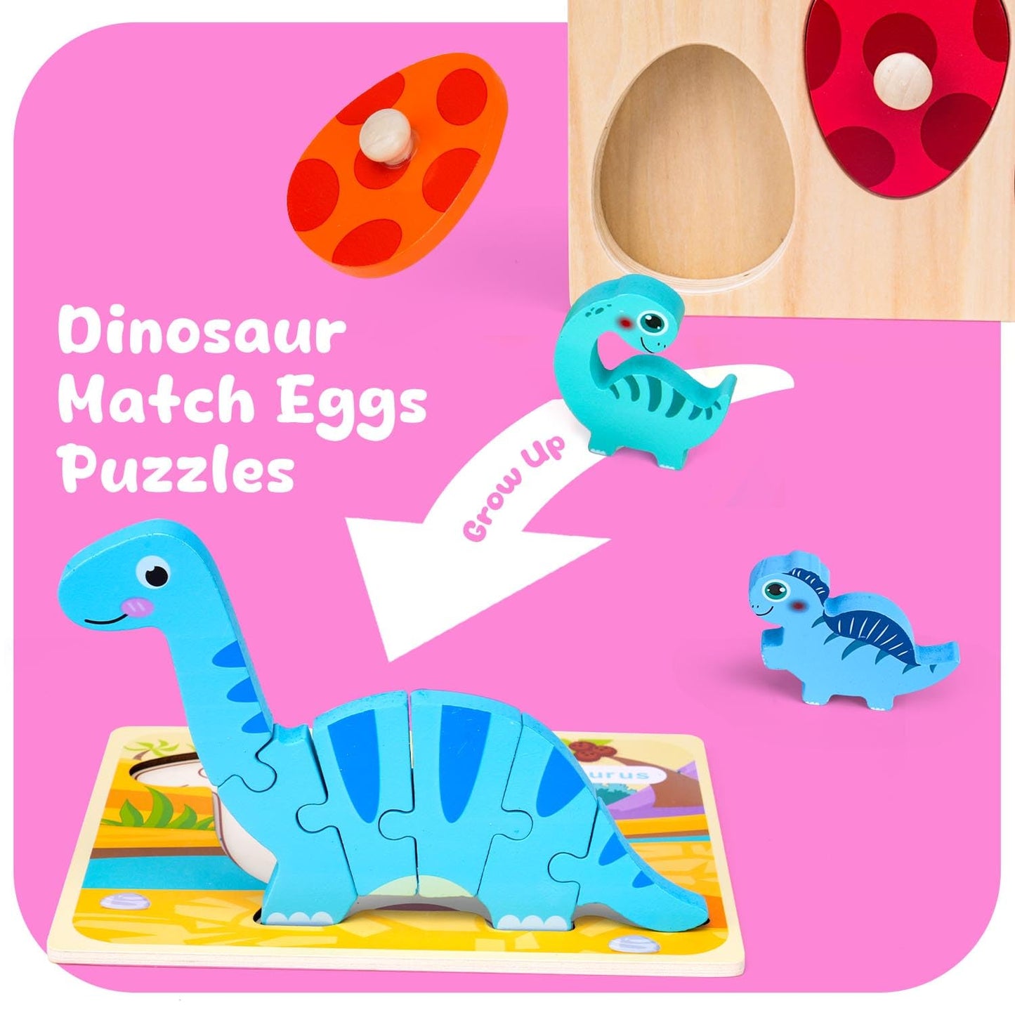 Auntyfey Dinosaur Wooden Toddler Puzzle 1-3 With Dinosaur Eggs Peg Puzzles, Montessori Toys For 1 2 Year Old Boy Girl, Kid Woode