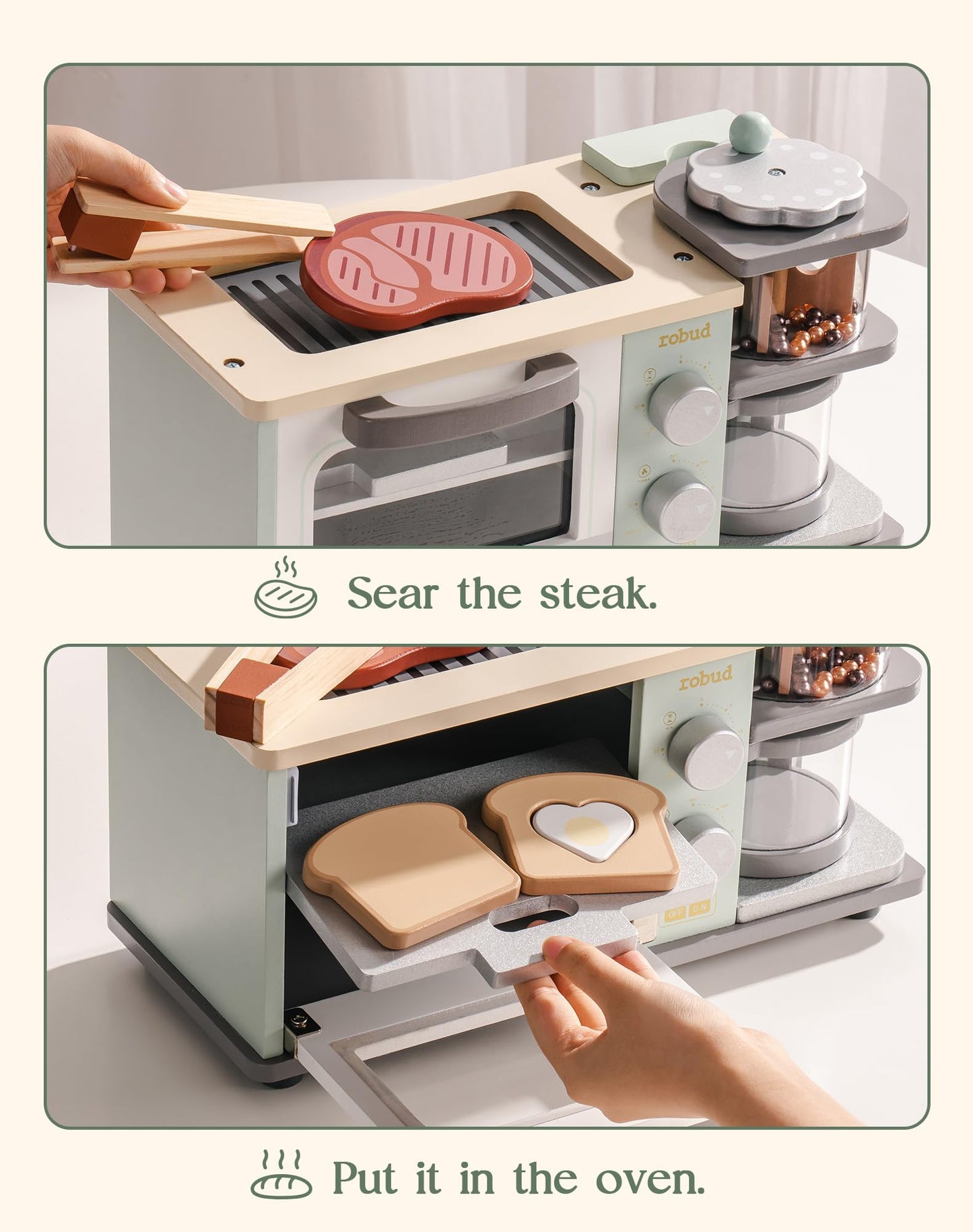 ROBUD Toddler Kitchen Playset - Wooden Breakfast Set with Coffee Maker, Toaster, Griddle, Play Food - Realistic Pretend Play App