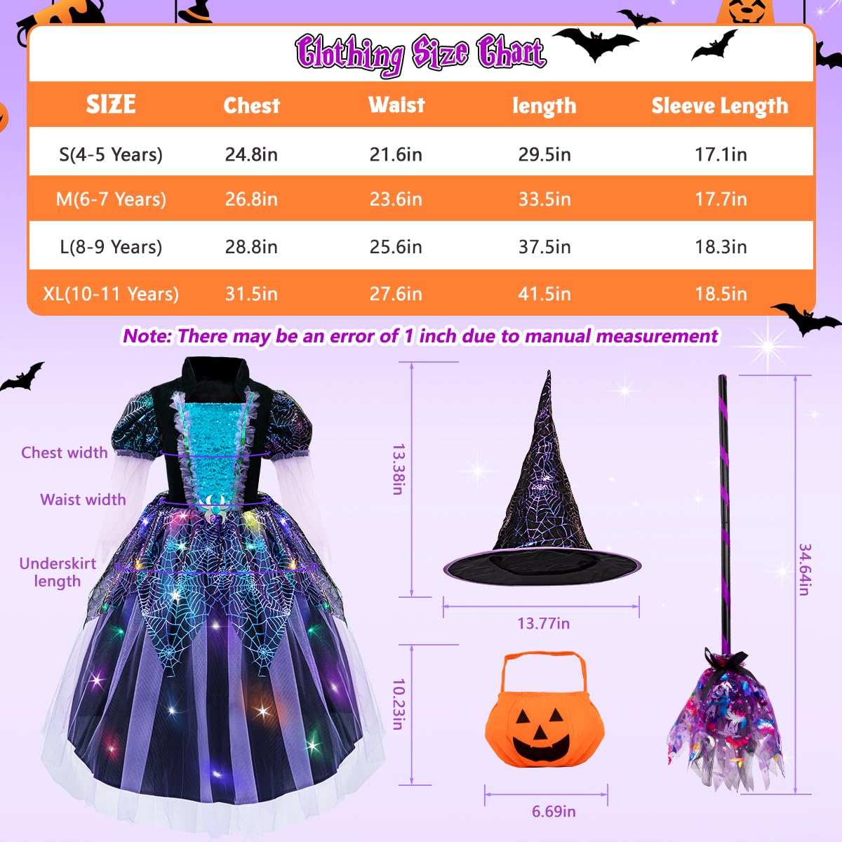 Meland Witch Costume For Girls - Light Up Halloween Costume For Girls Dress Up, Halloween Costume For Girls Age 4-11 Year Old