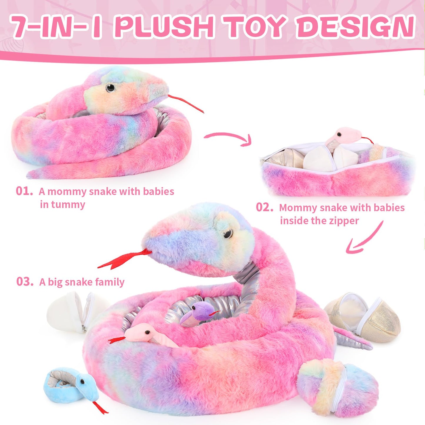 Maogolan Giant Snake Stuffed Animal, Realistic Large Mommy With 3 Babies & 3 Eggs Snakes Plush Toy, 79'' Long Rainbow Boa Constrictor Gift For Boys Girls Kids