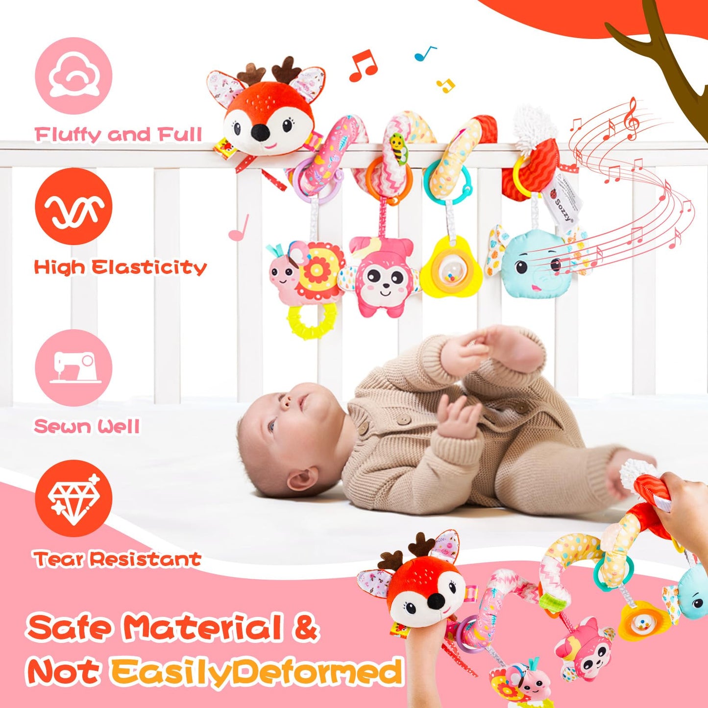 Car Seat Toys, Cute Deer Car Seat Toys For Babies 0-6 Months Boy, Stroller Toys With Crinkle, Teether, Music Box, Rattle, Bb Squ