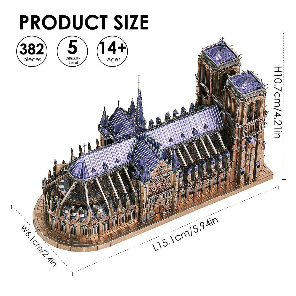 Piececool 3D Metal Puzzles For Adults And Teens, Notre Dame De Paris Church Metal Model Kit, Challenge French Cathedral Brain Te