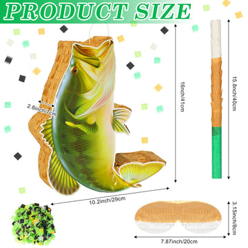 Glimin Fish Pinata Fishing Game - Ocean Theme Party Supplies with Stick, Bat, Blindfold, Confetti - Brown, Green, Blue