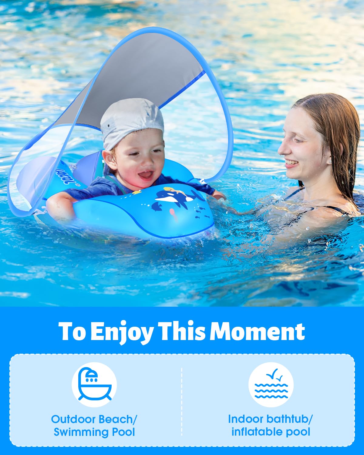 LAYCOL Baby Swimming Float Ring XL - Inflatable with Sun Canopy, No Flip Over, Deep Blue, Model B1214Y for Ages 3-36 Months