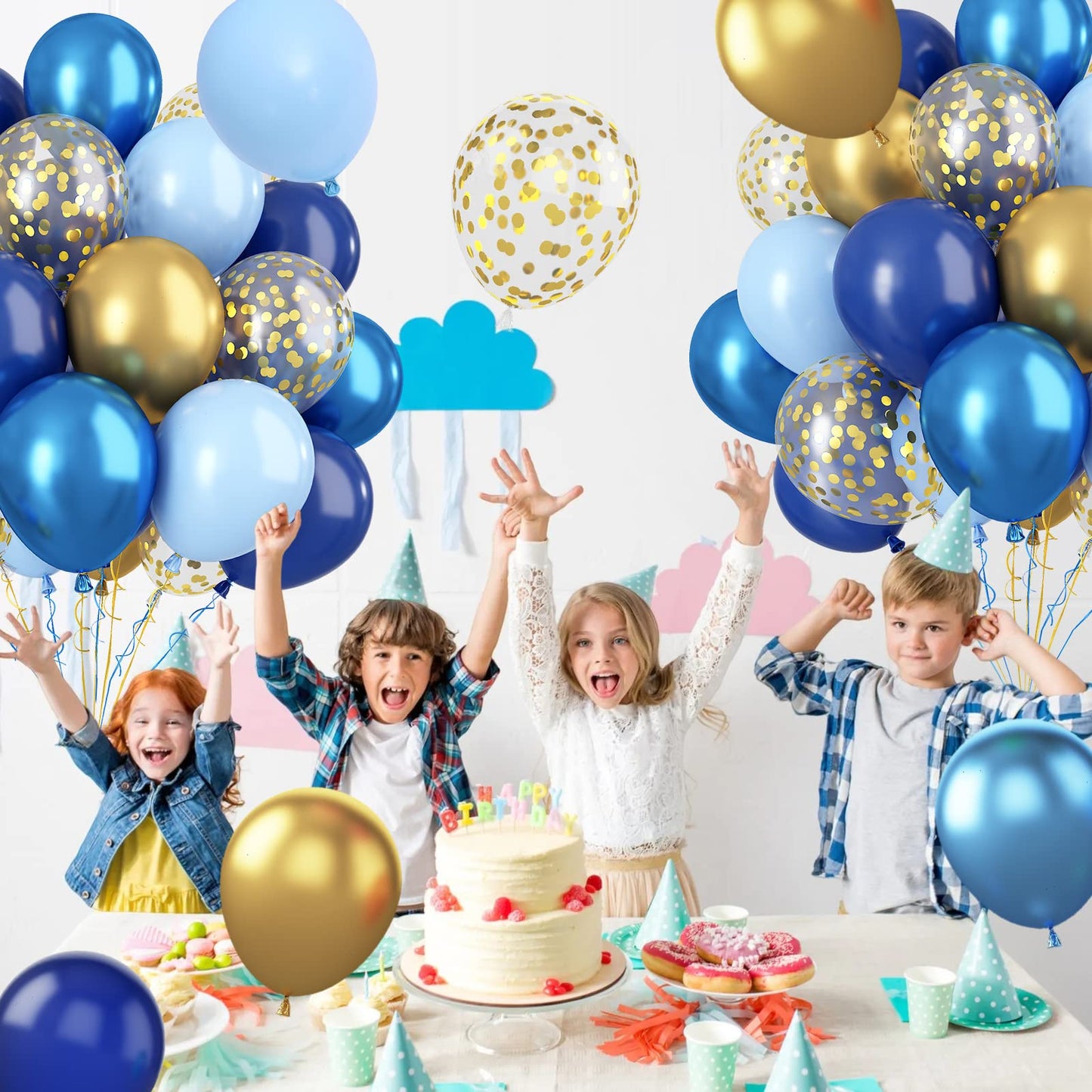 Paready Blue And Gold Latex Balloons, 60 Pcs 12 Inch Navy Blue Metallic Gold Confetti Balloons, Blue Party Balloons For Baby Sho
