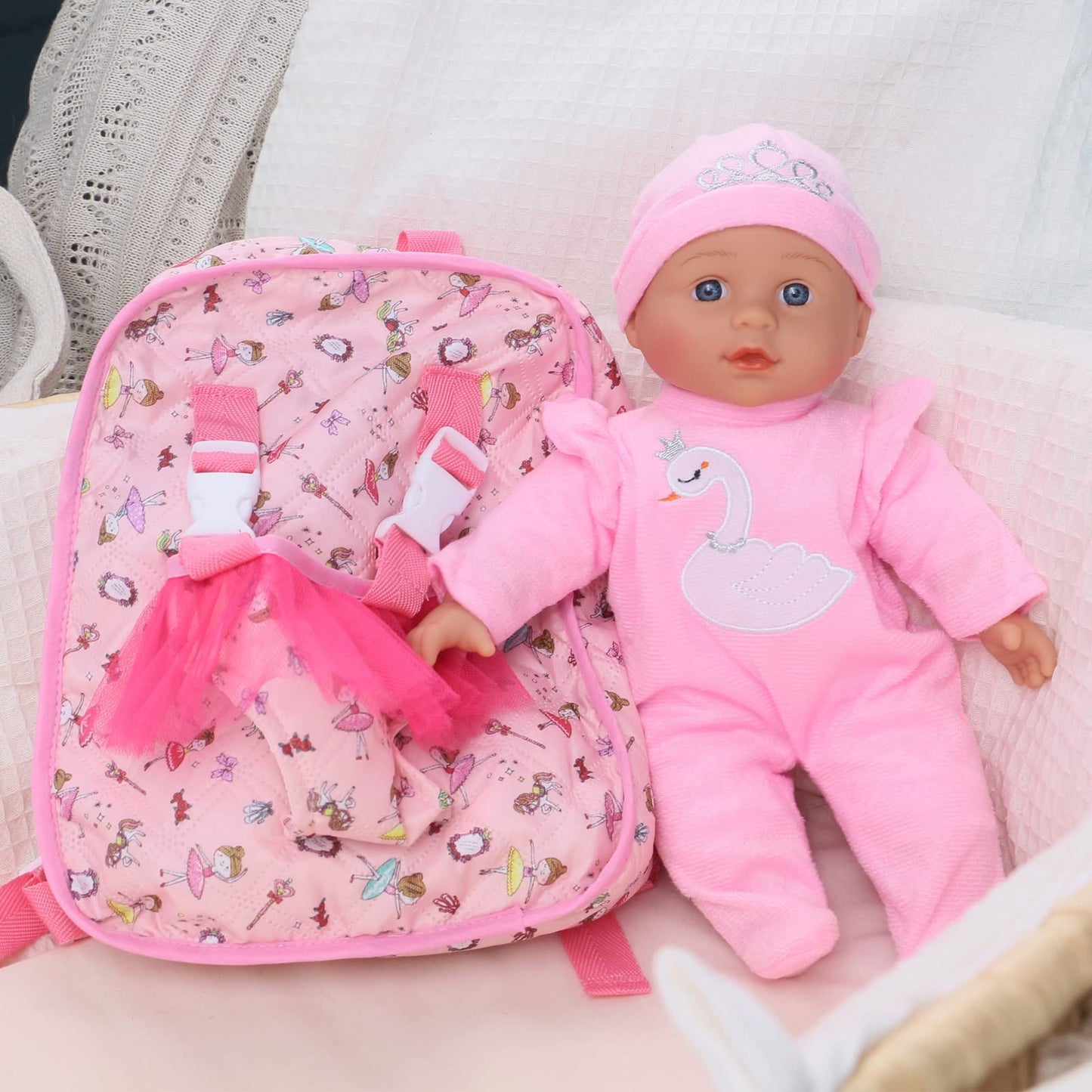 Haveahug 13'' Soft Baby Doll With Take Along Pink Doll Backpack Carrier, 6 Piece Play Set With Bottle & Accessories(Pink)