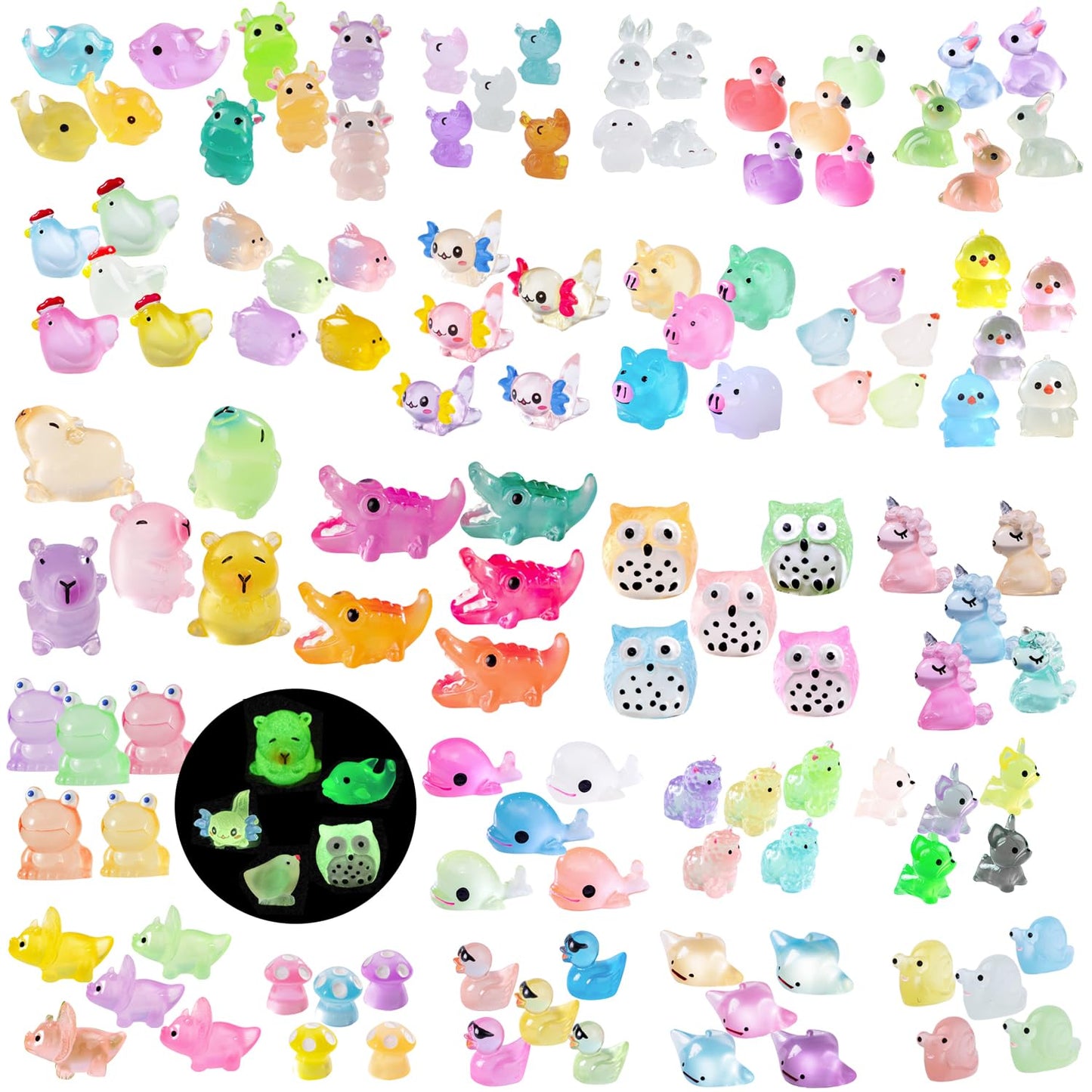 U-Zimikee 150 Pcs Luminous Mini Resin Animals Miniature Animals Figurines Tiny Little Animals Glow In Dark Small Animal Figures