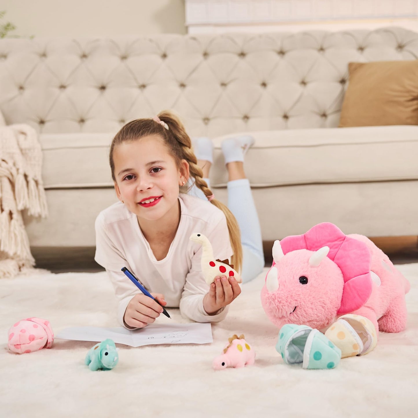 Karister Plush Dinosaur Stuffed Animals Set - Pink Mommy Dinosaur with 3 Baby Dinosaurs (Triceratops, Stegosaurus, Diplodocus)