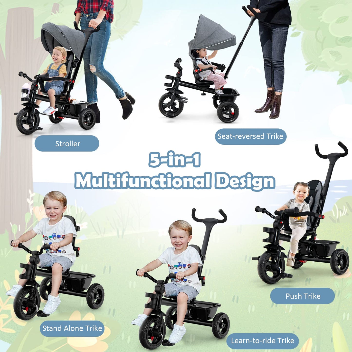 BABY JOY Tricycle, 5 in 1 Toddler Bike W/Removable Push Handle, Reversible Seat, EVA Wheel, Adjustable Canopy, Cup Holder & Stor