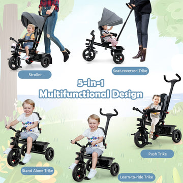 BABY JOY 5-in-1 Tricycle for Toddlers, Grey, Adjustable Canopy, EVA Wheels, Removable Push Handle, 38” x 20” x 35”