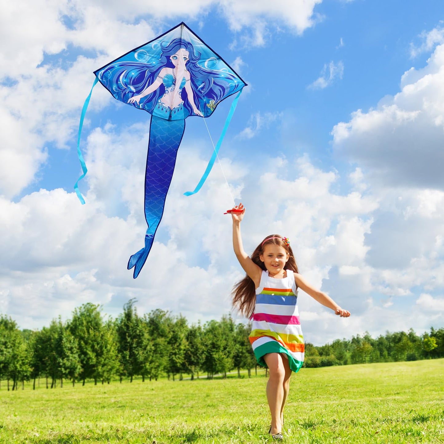 Honbo Large Mermaid Kite For Kids & Adults, Easy To Fly Delta Kite,Beginner Kite For Girls &Boys, Beginner Kite For Kids Ages 4-