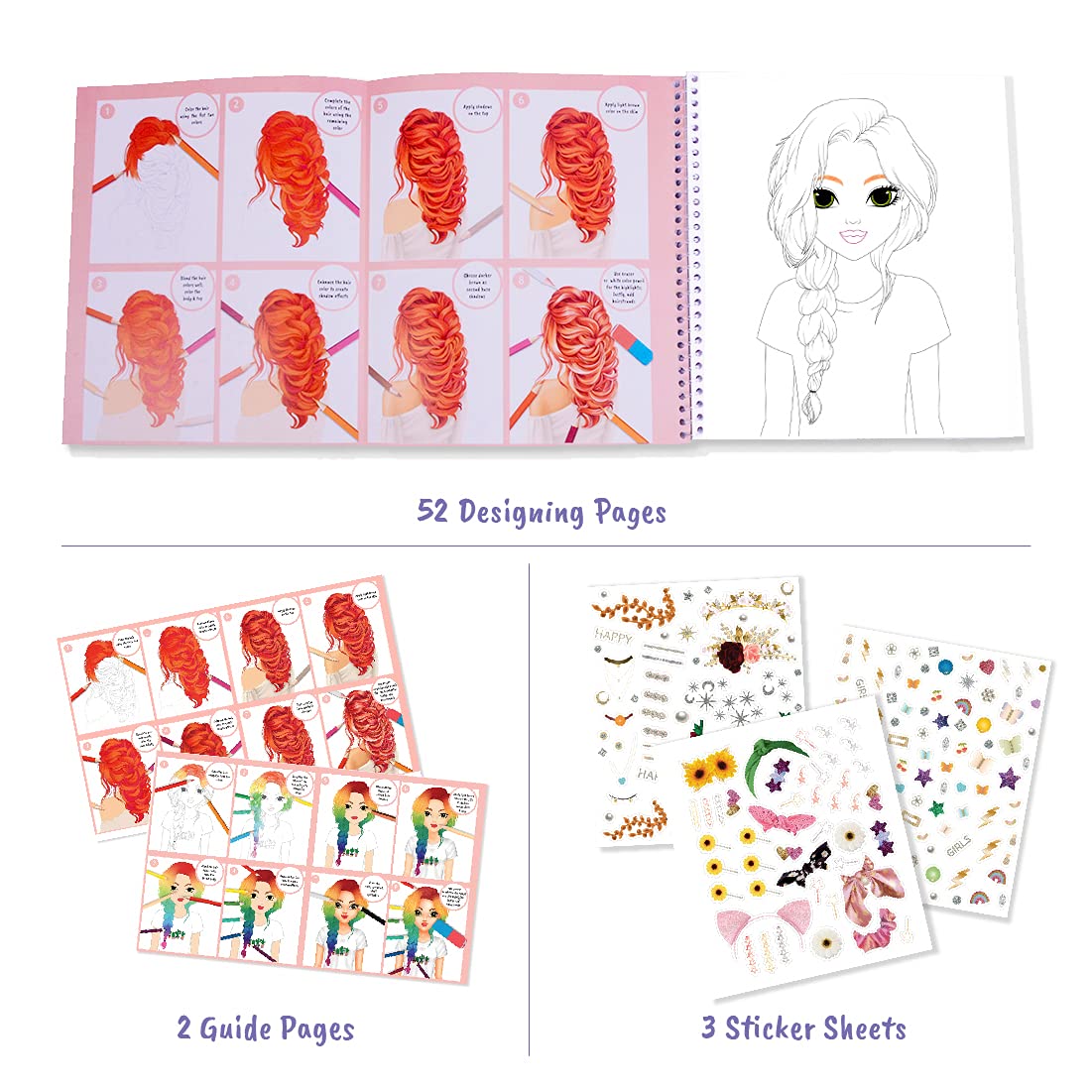 Bscool - Drawing, Coloring & Activity Book. Create Hairstyles With Stickers And Guides. Fashion Design Sketchbook For Kids 5 And