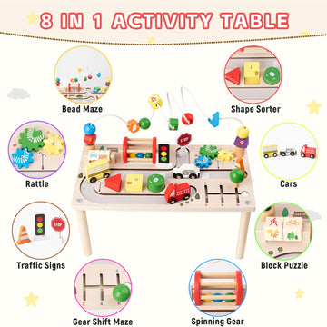 KDSFT Activity Table - 8 in 1 Montessori Toys for 1 Year Old, Colorful, Wood, 16.3x7.7x8.9 inches, Includes Bead