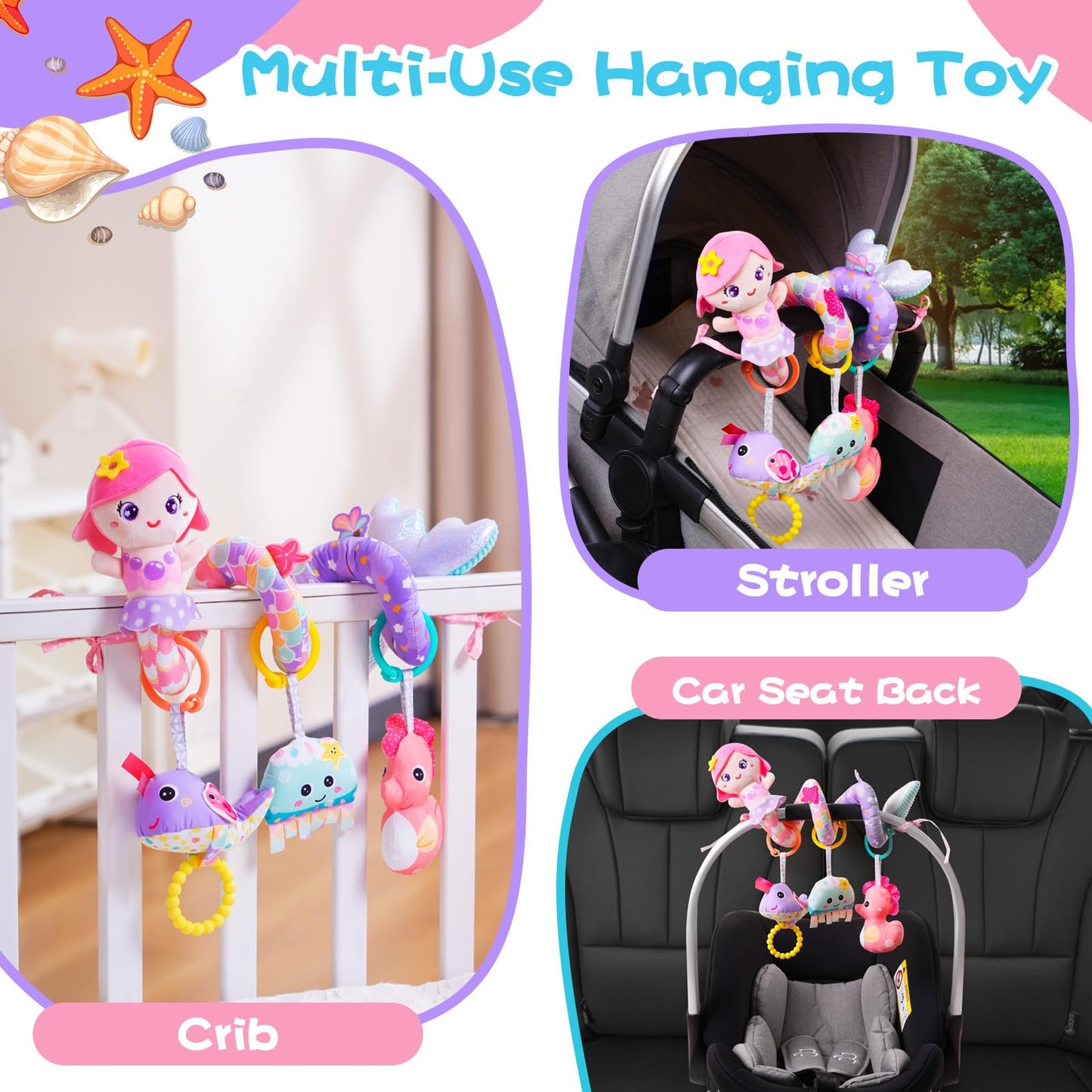 Koty Carseat Toys Hanging, Pink Mermaid Stroller Toys For Babies 0-6 Months, Baby Car Seat Toy With Crinkle, Teether, Music Box,