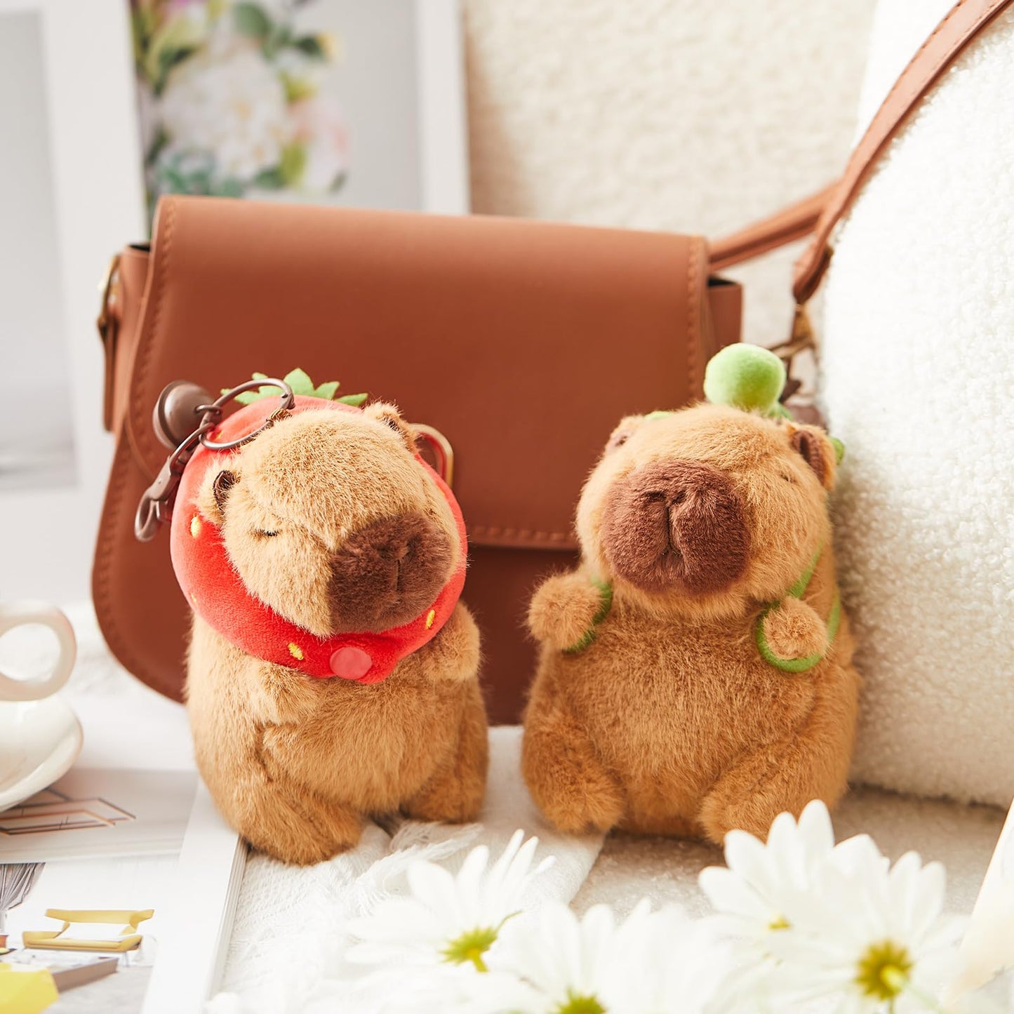 Simgoing 2 Pcs Capybara Plush Keychain Small Capybara Stuffed Animals Toy Pendant For Graduation Gifts Exchange Birthday Party Favor Decor Supplies(Turtle Bag, Strawberry Hood)