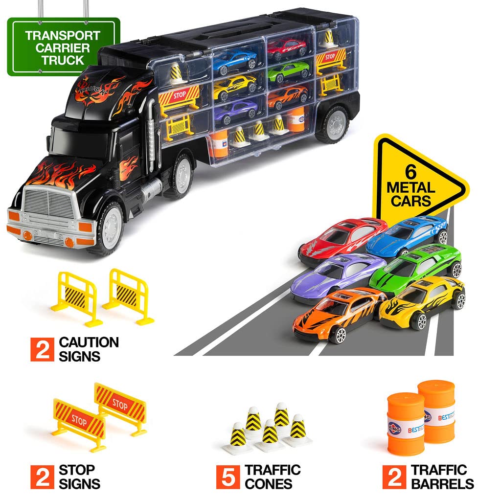 Play22 Semi Truck Toys For Boys Ages 3-5 - 17 In 1 Kids Toys Truck Transport Car Carrier With 6 Cars, 11 Accessories, Birthday Gifts Toys For 3 Year Old Boys, Toddler Boy Toys