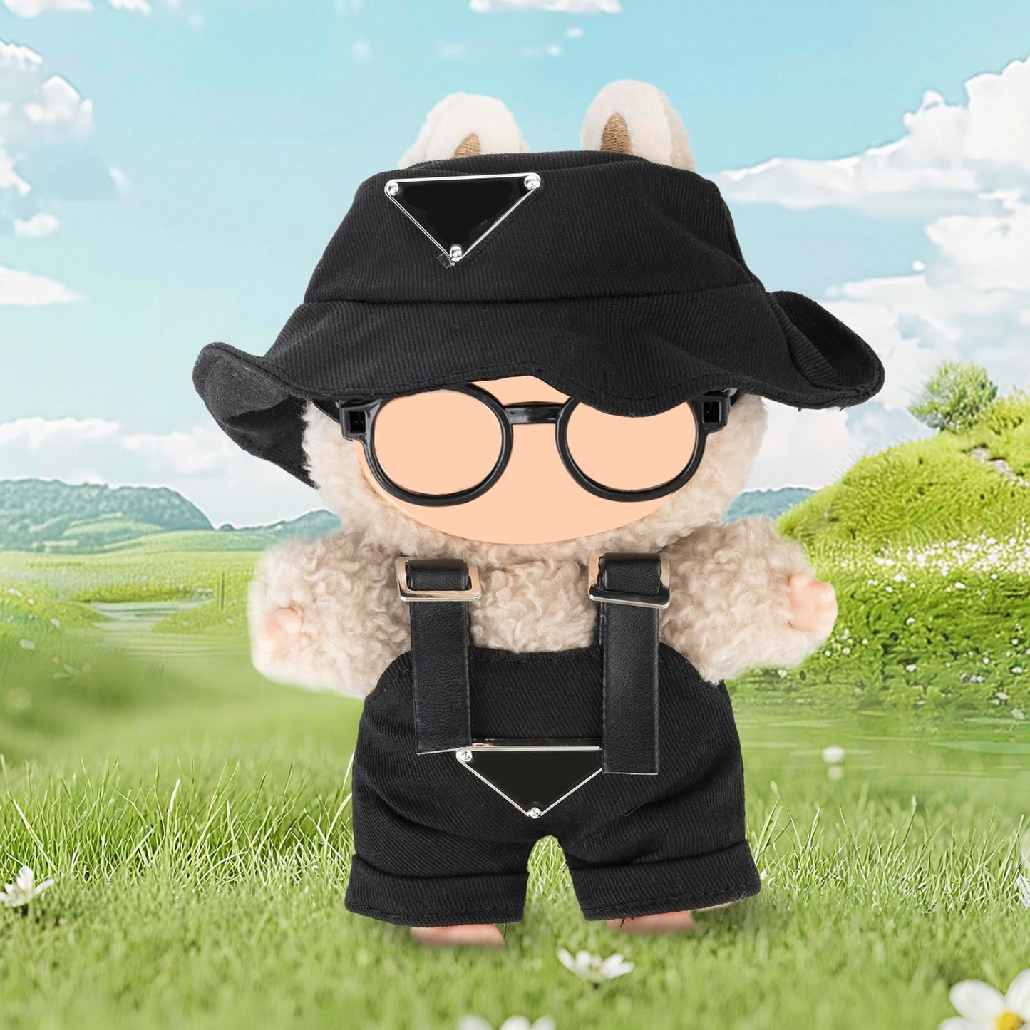 Clothes for Labubu(NO Doll) - Hat & Overalls Set for Labubu for LABUBU 17CM Dolls Handcrafted Crochet Clothes Set enhanced Fashion Cute Outfit for Dress Up Play & Collector Display (Black)