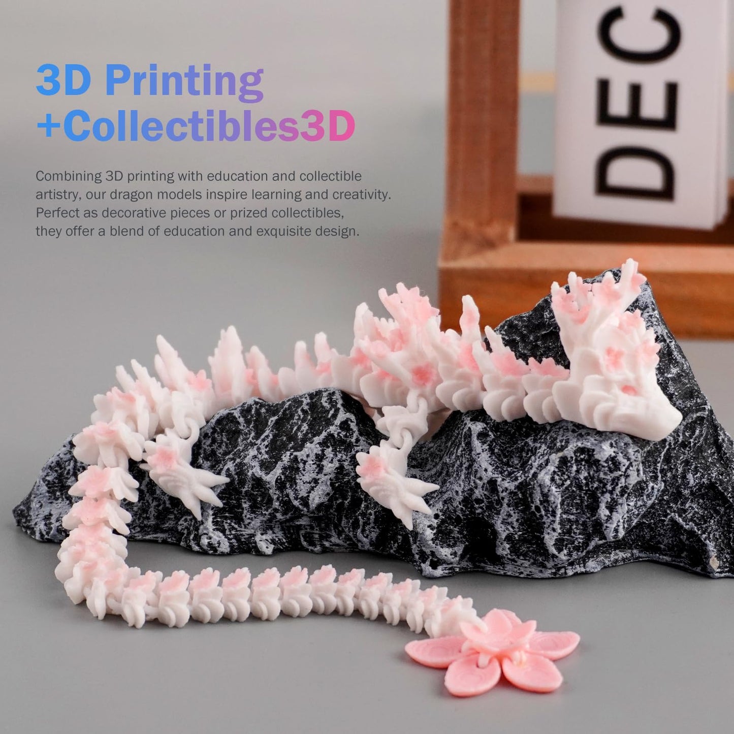 3D Printed Cherry Blossom Crystal Dragon - 12 Inch Articulated Movable Model For Display, Collection, And Unique Gift (Mystic Pe